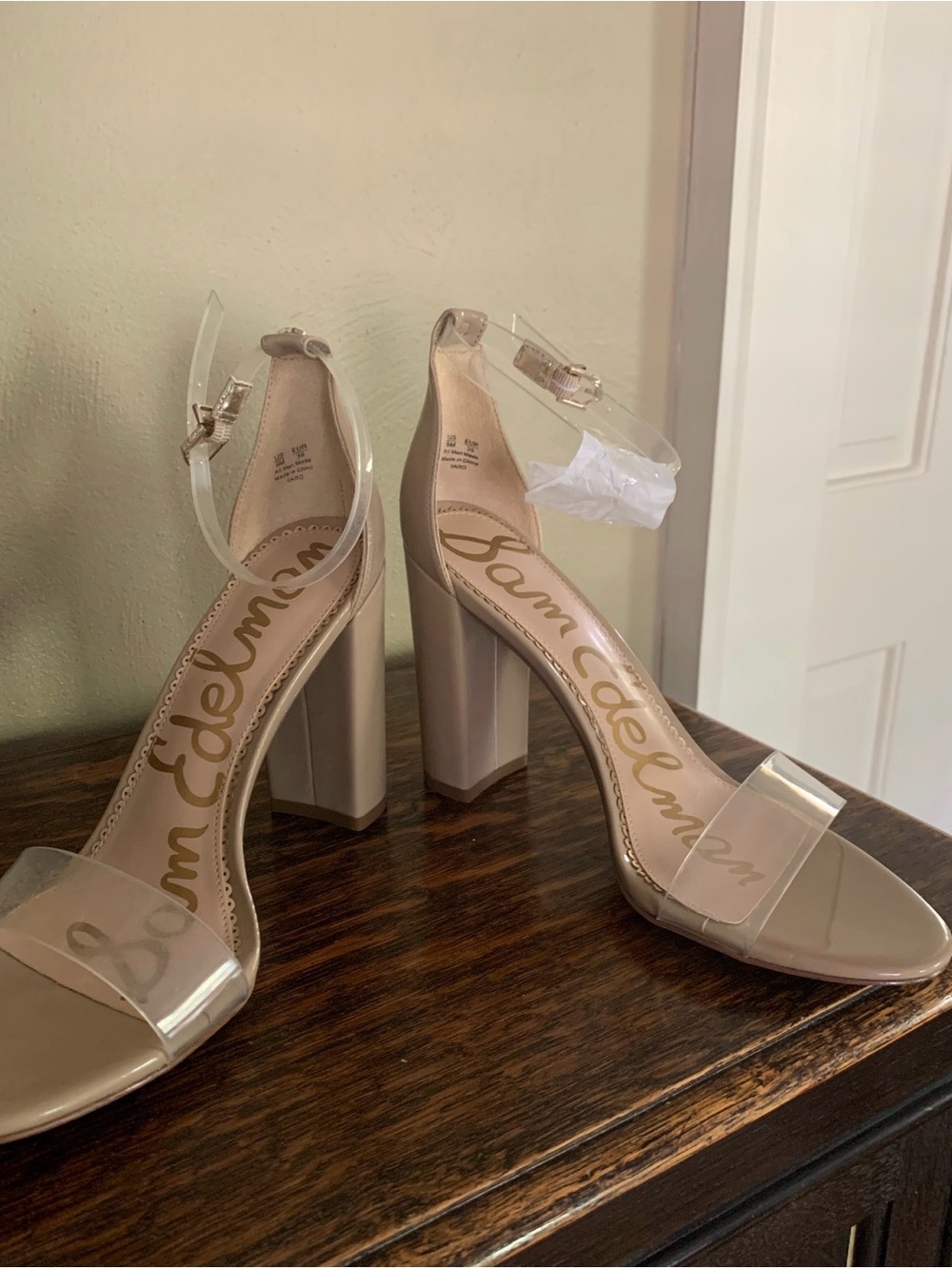 Sam Edelman Taupe and Clear Block Heel Sandals